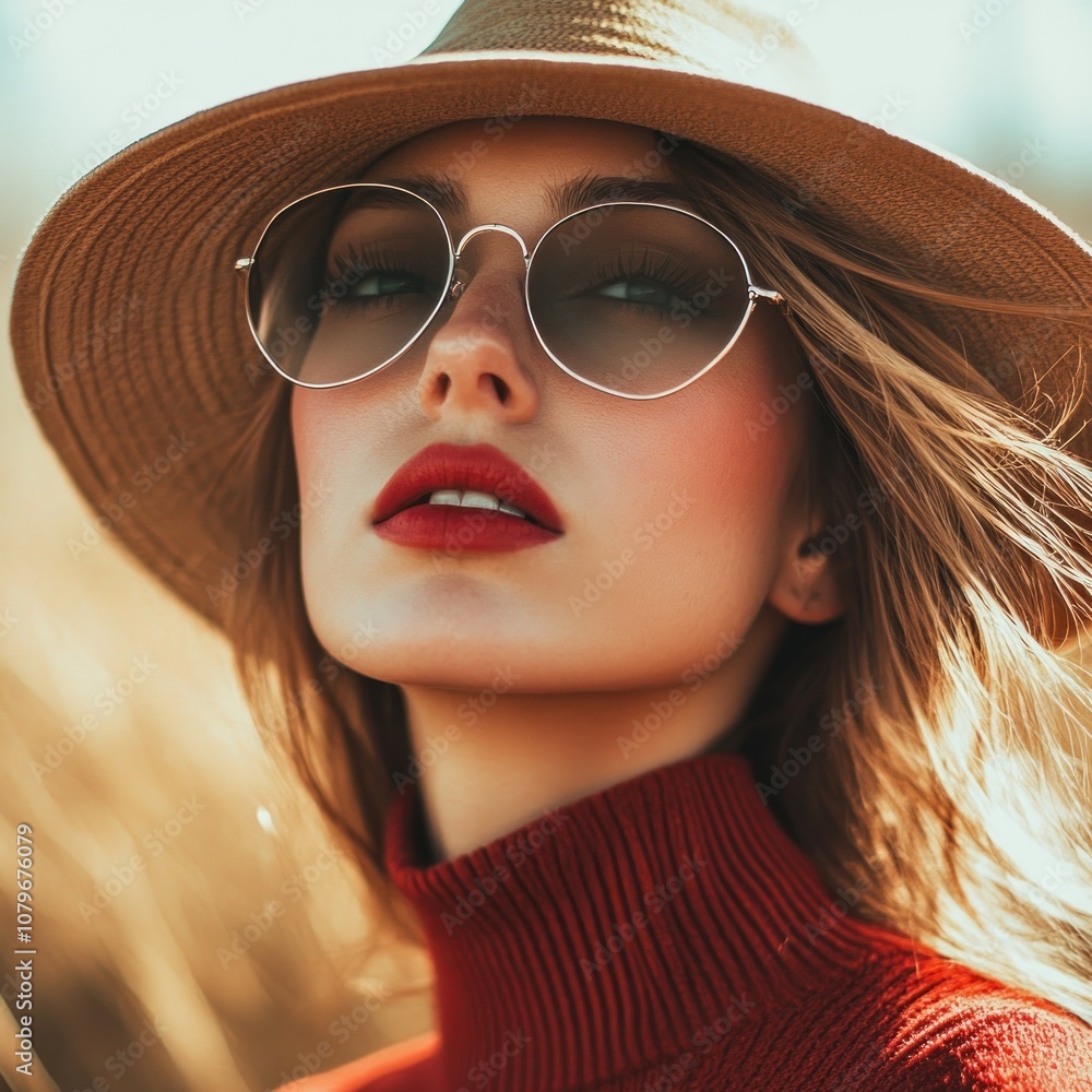 Woman in Sun with Hat and Sunglasses Woman in Sun with Hat and Sunglasses