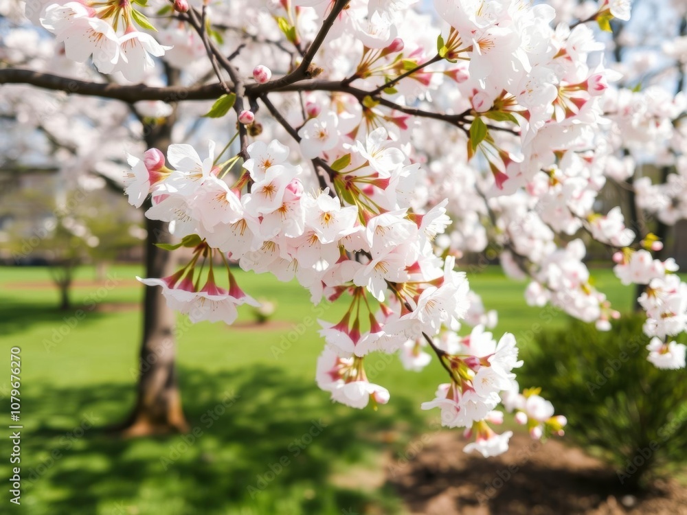A blooming cherry blossom tree in a peaceful park setting during springtime, landscape, vibrant A blooming cherry blossom tree in a peaceful park setting during springtime, landscape, vibrant