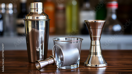 Cocktail shakers, strainer and jigger - Stock Image photo