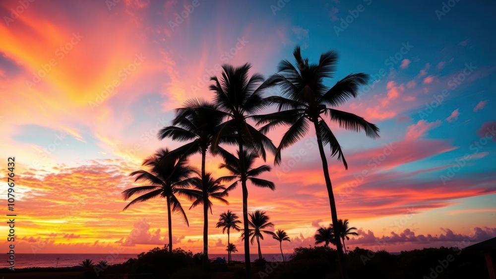 Vibrant hawaii sunset with palm trees silhouetted against the colorful sky in the background, nature, vibrant Vibrant hawaii sunset with palm trees silhouetted against the colorful sky in the background, nature, vibrant