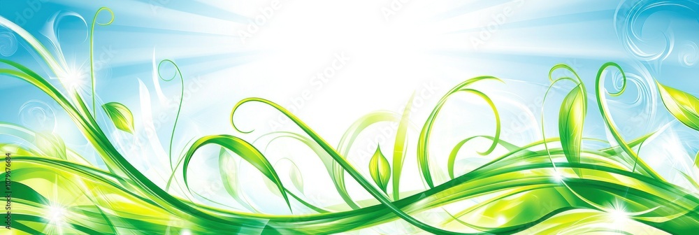A bright, abstract design featuring green grass-like elements against a blue sky backdrop. A bright, abstract design featuring green grass-like elements against a blue sky backdrop.