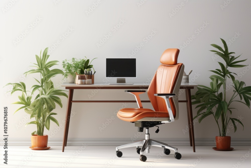 Fototapeta premium Modern Home Office Desk with Leather Chair, laptop and plants