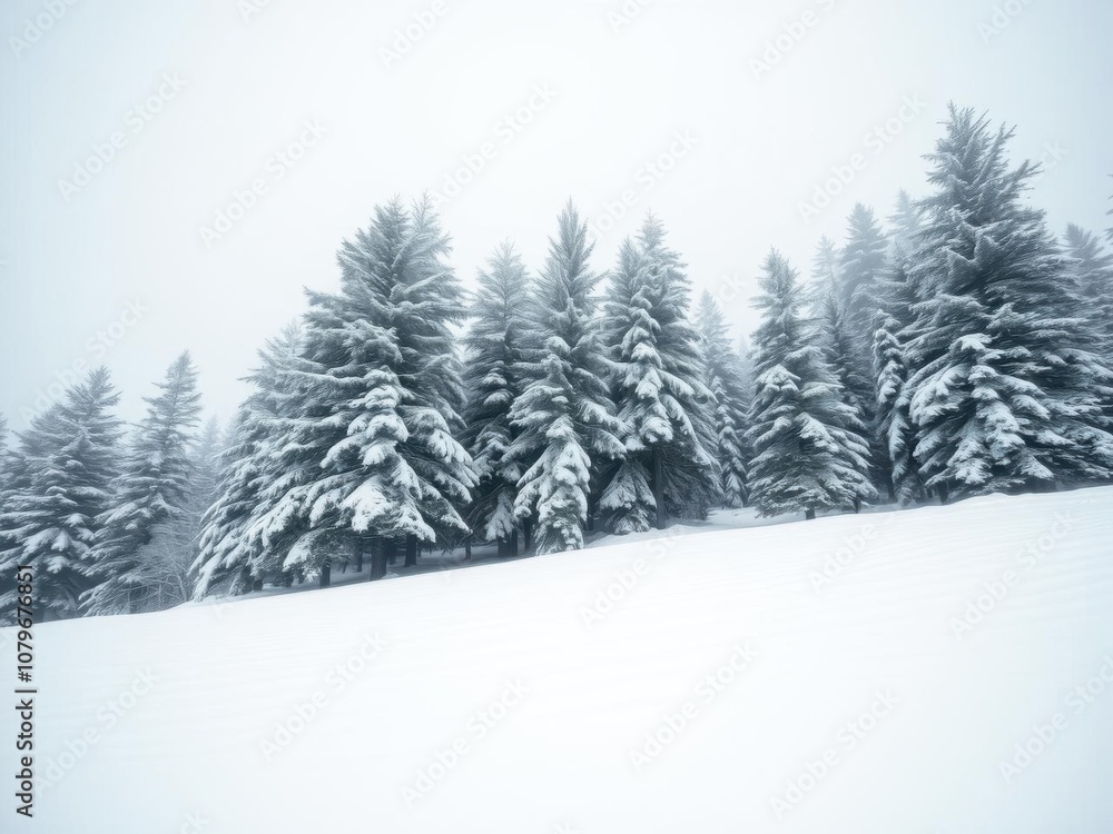 Obraz premium Snow gently blankets the towering pine trees in a serene winter landscape, wilderness, nature