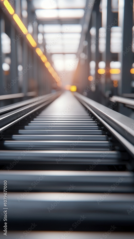 Conveyor belt perspective in modern industrial setting, showcasing efficiency and technology. Conveyor belt perspective in modern industrial setting, showcasing efficiency and technology.