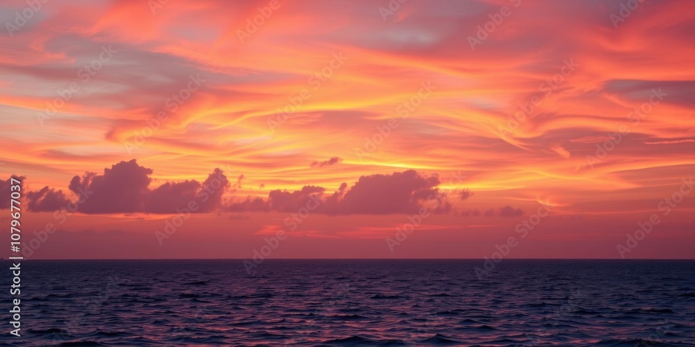 Fototapeta premium Vibrant orange and pink hues paint the sky over a calm ocean at sunset, water, pink