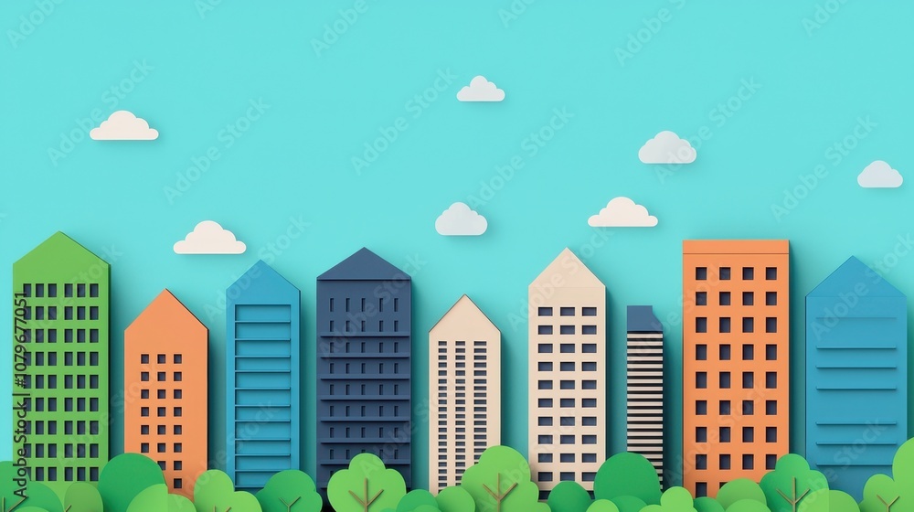 A colorful, playful city skyline illustration with various-shaped buildings, set against a bright blue background and surrounded by green trees and fluffy clouds. A colorful, playful city skyline illustration with various-shaped buildings, set against a bright blue background and surrounded by green trees and fluffy clouds.