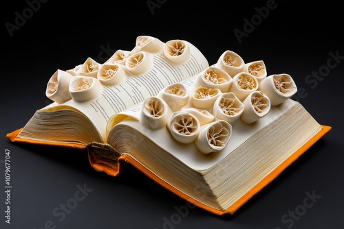 Detailed view of an open book with curled, yellowed pages and delicate script photo