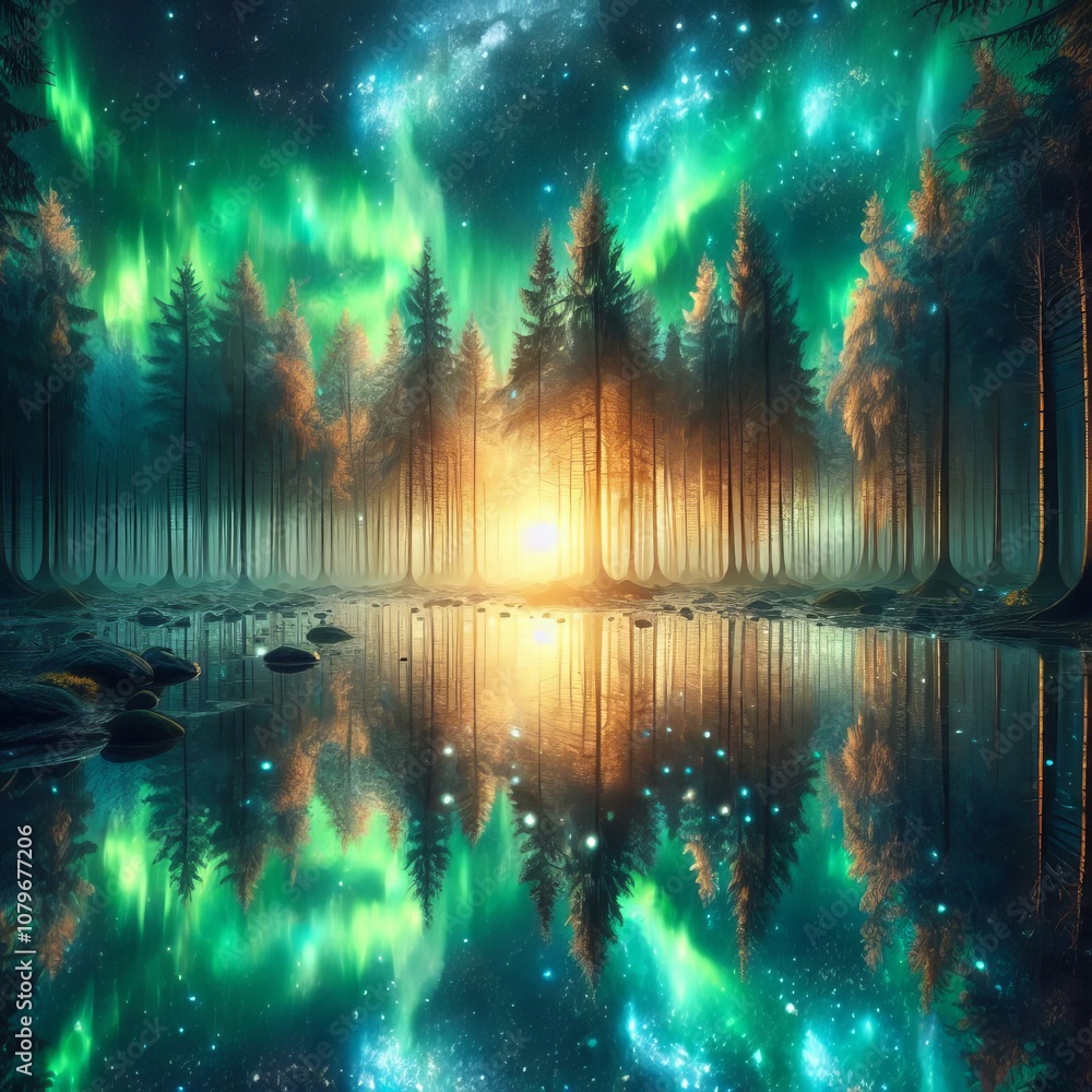 A magical forest with mirrored surfaces reflecting the shimmerin A magical forest with mirrored surfaces reflecting the shimmerin