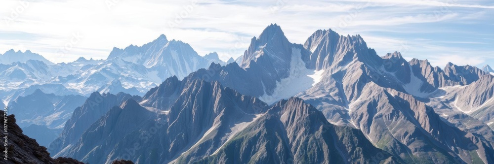 Obraz premium A majestic mountain range reaching into the sky, with rugged peaks and steep cliffs, panorama, scenic