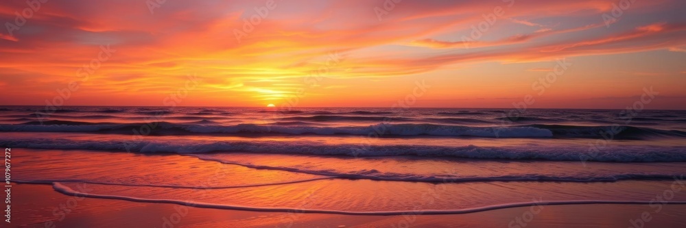Vibrant sunset casting warm colors over a peaceful beach with gentle waves lapping the shore, vibrant, shore Vibrant sunset casting warm colors over a peaceful beach with gentle waves lapping the shore, vibrant, shore