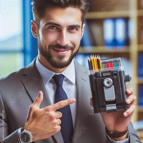 A man using a new office supply showcasing its quality and funct photo