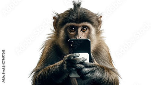 Monkey with smartphone on transparent background PNG....