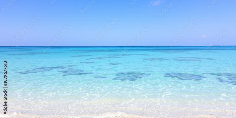 A serene ocean background showcasing crystal clear blue water, a sandy beach, and a cloudless sky, relaxation, tropical A serene ocean background showcasing crystal clear blue water, a sandy beach, and a cloudless sky, relaxation, tropical
