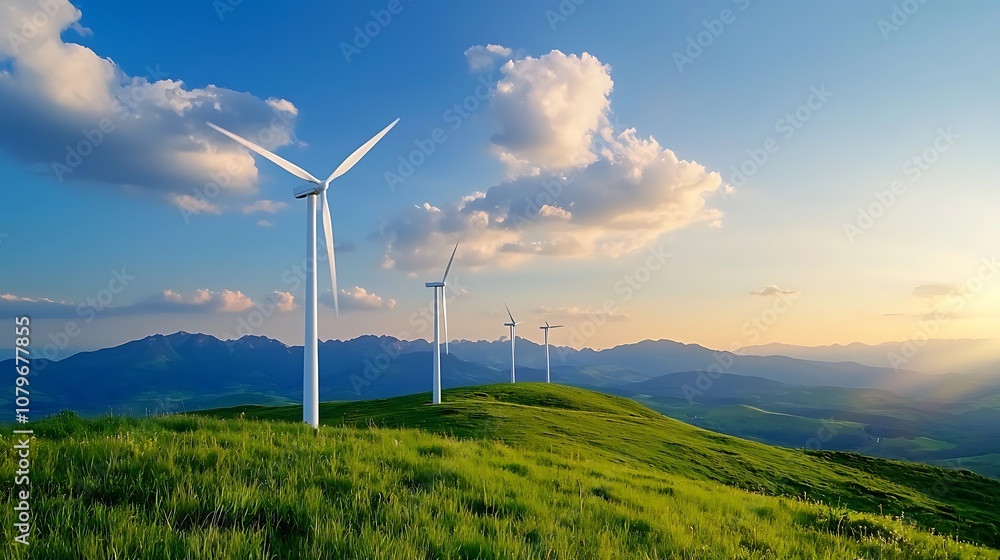 Renewable wind energy turbines standing tall amidst a picturesque mountain valley landscape at sunset The clean sustainable power source blends seamlessly with the natural environment Renewable wind energy turbines standing tall amidst a picturesque mountain valley landscape at sunset The clean sustainable power source blends seamlessly with the natural environment