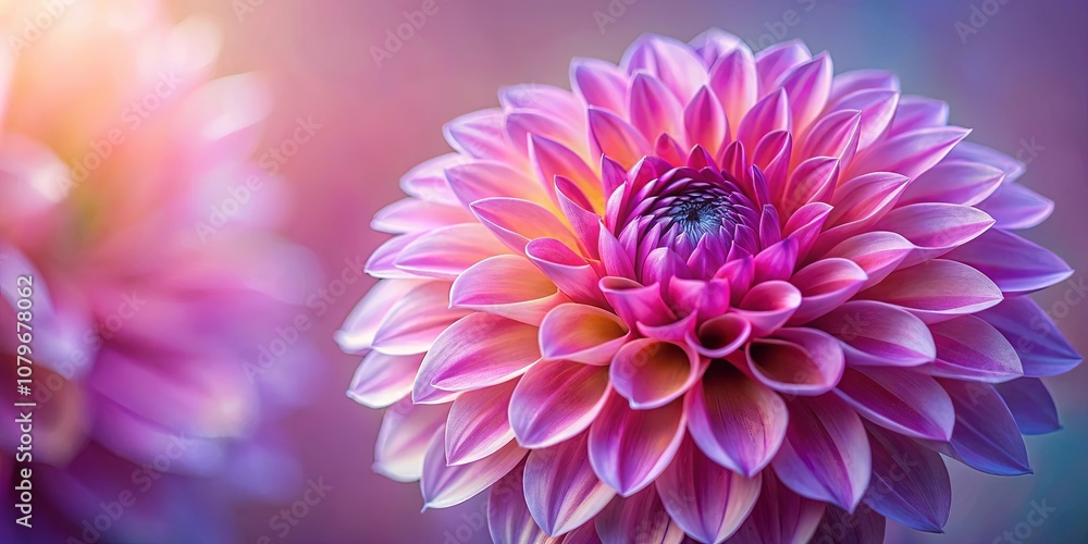 Obraz premium A vibrant pink dahlia with delicate petals, illuminated by a soft, warm light, creating a captivating display of natural beauty.