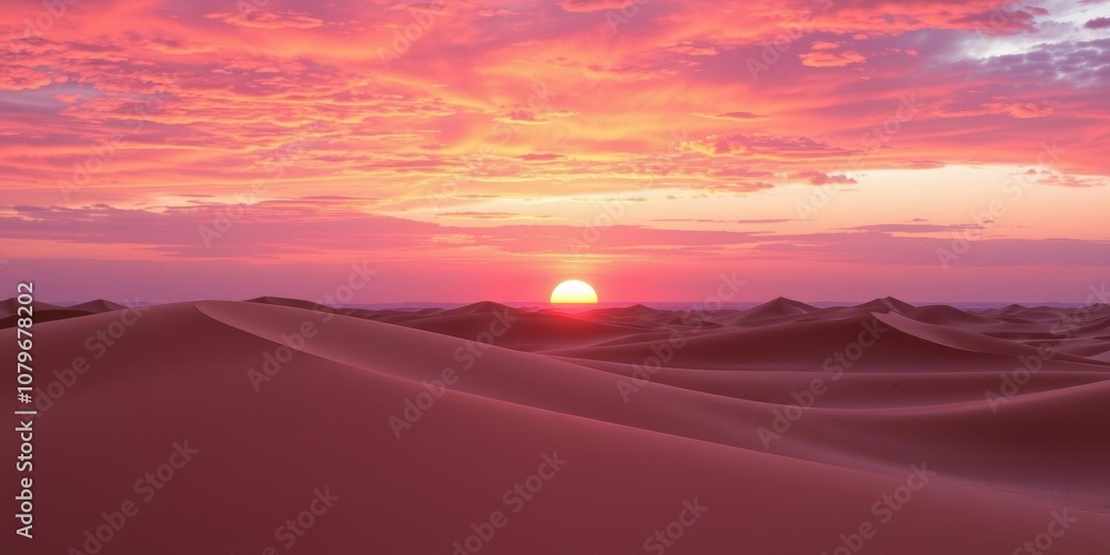 Vibrant orange and purple hues illuminate the sky as the sun sets behind rolling sand dunes in the desert, sand dunes, serene Vibrant orange and purple hues illuminate the sky as the sun sets behind rolling sand dunes in the desert, sand dunes, serene
