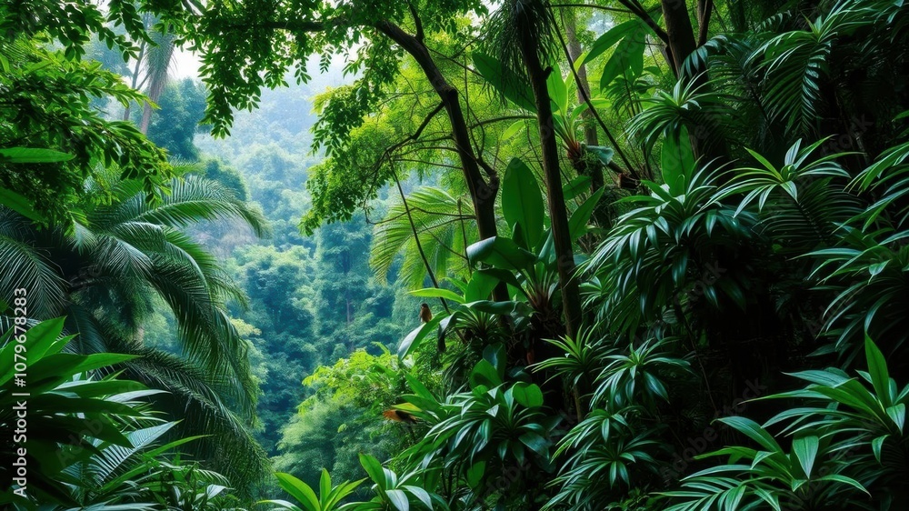 Obraz premium Lush green rain forest with towering trees, vibrant foliage, and diverse wildlife, climate, plants