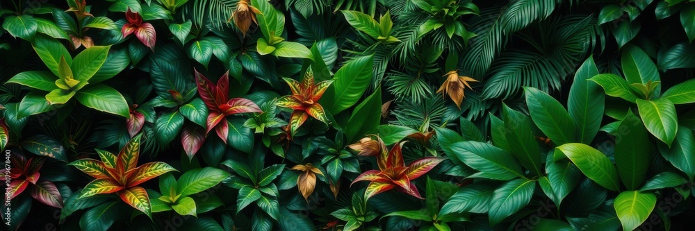 Obraz premium Lush green jungle foliage with vibrant leaves and tropical plants, lush, environment