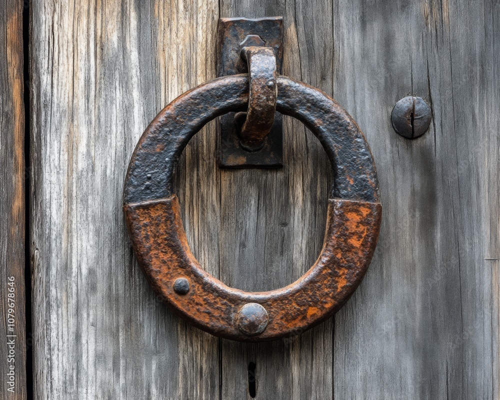 Rusty Door Knocker on Wooden Door. Rusty Door Knocker on Wooden Door.