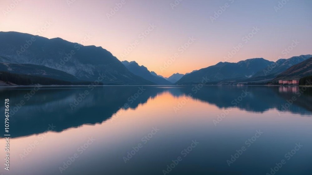 Tranquil lake reflecting surrounding mountains at dusk, dusk, landscape Tranquil lake reflecting surrounding mountains at dusk, dusk, landscape