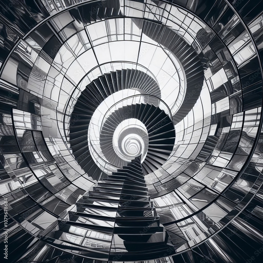A spiral staircase enclosed within mirrored walls As one climbs A spiral staircase enclosed within mirrored walls As one climbs