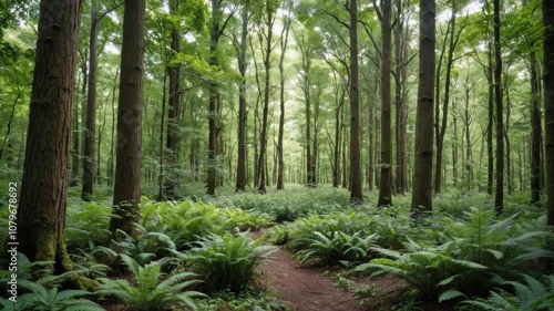 A dense and lush forest with tall trees providing shade and shelter for various wildlife, tranquility, fresh