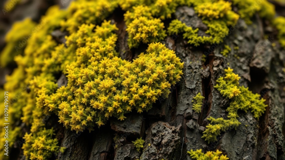 Obraz premium A close-up shot of lichen moss growing on a tree trunk, showcasing its vibrant green and yellow hues, forest, botanical