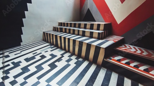 Black and White Striped Stairs with Red Accents