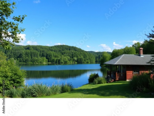 Peaceful cottage overlooking a serene lake surrounded by lush greenery, retreat, relaxation