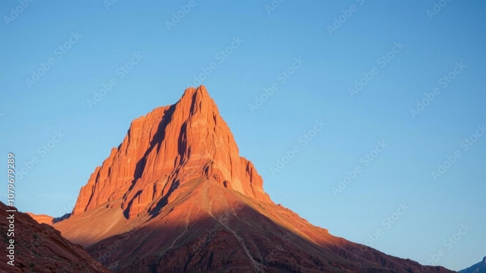 Naklejka premium A stunning landscape photo of a towering red mountain against a clear blue sky, showcasing the beauty of nature and the ruggedness of the terrain, nature, travel