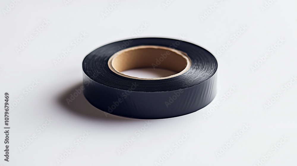 A black roll of tape is on a white background A black roll of tape is on a white background