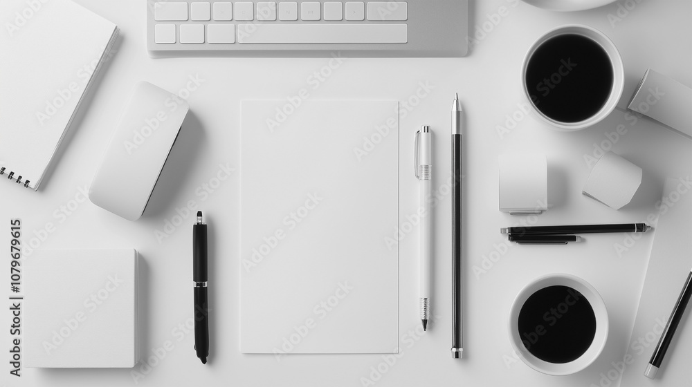A white desk with a computer keyboard, a mouse, a cup of coffee, a pen A white desk with a computer keyboard, a mouse, a cup of coffee, a pen