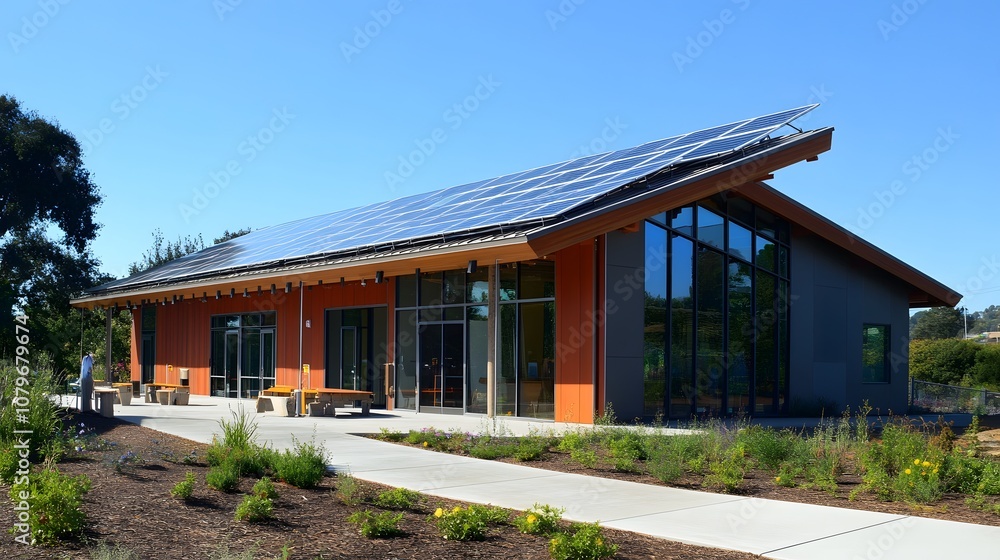 A solar-powered community center that provides renewable energy for social programs, lighting, and recreational activities, promoting sustainability and community well-being. A solar-powered community center that provides renewable energy for social programs, lighting, and recreational activities, promoting sustainability and community well-being.