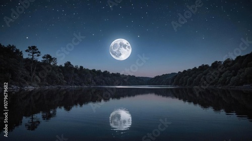 A serene nighttime scene of a moonlit landscape with shimmering water reflecting the ethereal glow of the moon, nighttime, shimmering