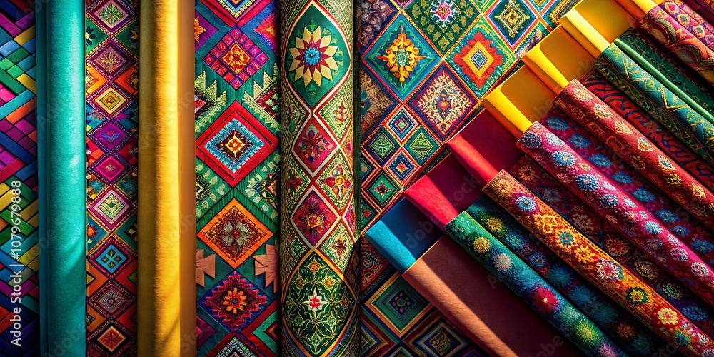 A vibrant array of rolled fabrics showcasing intricate geometric patterns and rich colors, creating a captivating visual tapestry. A vibrant array of rolled fabrics showcasing intricate geometric patterns and rich colors, creating a captivating visual tapestry.