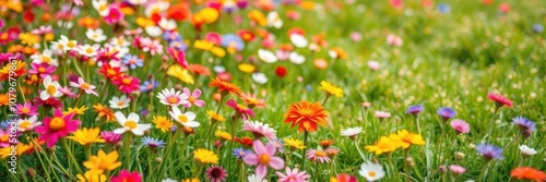 Vibrant spring colors in blooming flowers and green grass, cheerful, garden