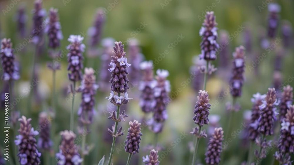 Obraz premium A close-up shot of purple lavender flowers blooming in a field, with a soft focus background, botanical, bloom