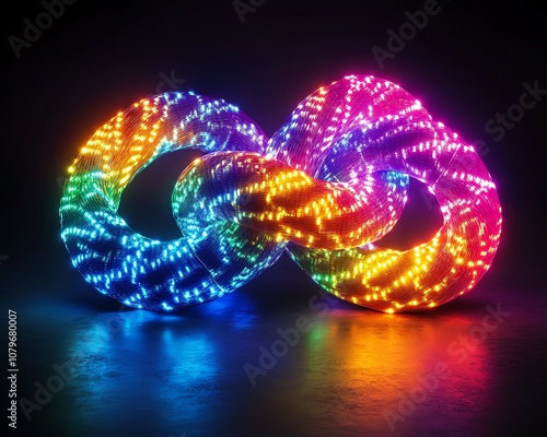 Glowing electrical cable Gordian knot in rainbow colors, illuminated against a dark backdrop, intricate design of vibrant neon strands creating a captivating effect photo