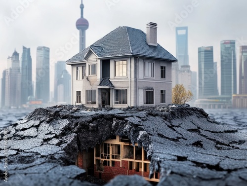 China real estate crisis with cityscape background. Overbuilding and debt concerns. Excessive debt, government regulations, and economic slowdown on China property market and urban development. photo