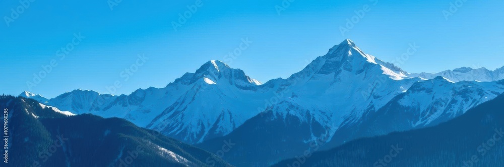 Snow-capped mountains towering under a clear blue sky, white, cold Snow-capped mountains towering under a clear blue sky, white, cold
