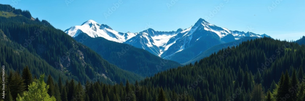 Obraz premium A stunning photograph of rugged snow-capped mountains surrounded by lush green forests and a clear blue sky, travel, beauty