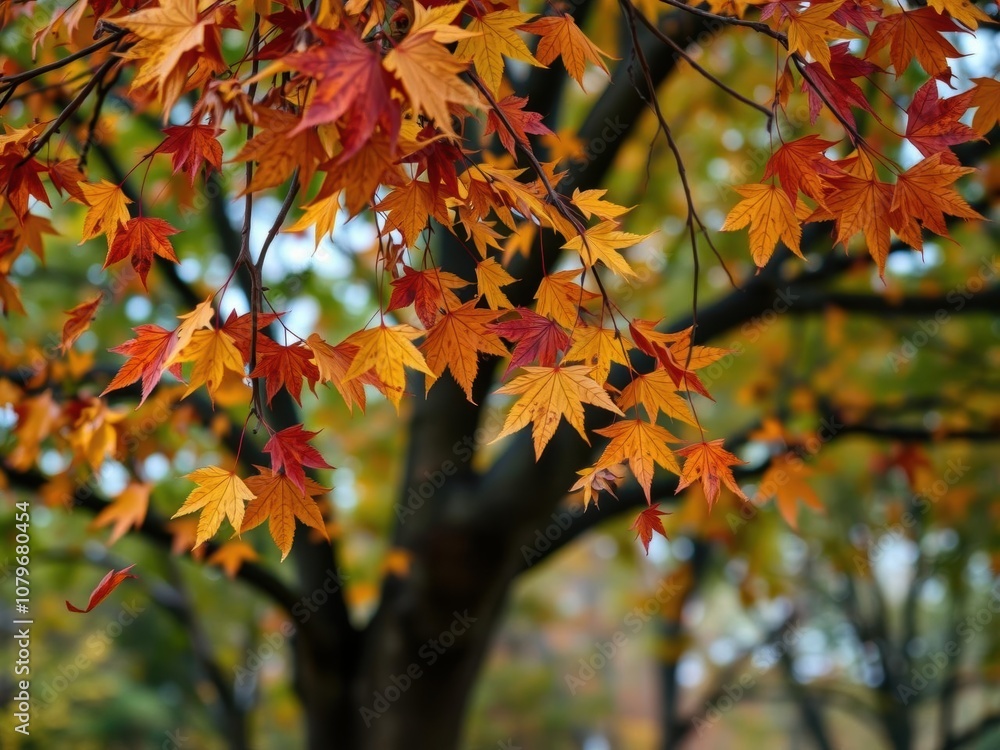 A serene image of colorful autumn leaves gently falling from a tree, tranquility, vibrant A serene image of colorful autumn leaves gently falling from a tree, tranquility, vibrant