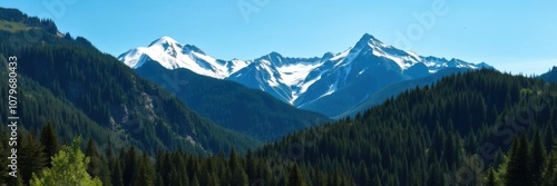 A stunning photograph of rugged snow-capped mountains surrounded by lush green forests and a clear blue sky, travel, beauty