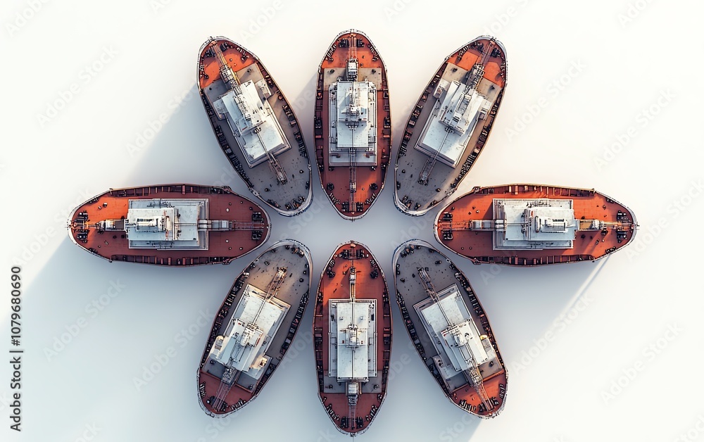 Isometric 2D illustration of eight cargo ships arranged in a circular formation, creating a symmetrical and eyecatching pattern against a clean white background Isometric 2D illustration of eight cargo ships arranged in a circular formation, creating a symmetrical and eyecatching pattern against a clean white background