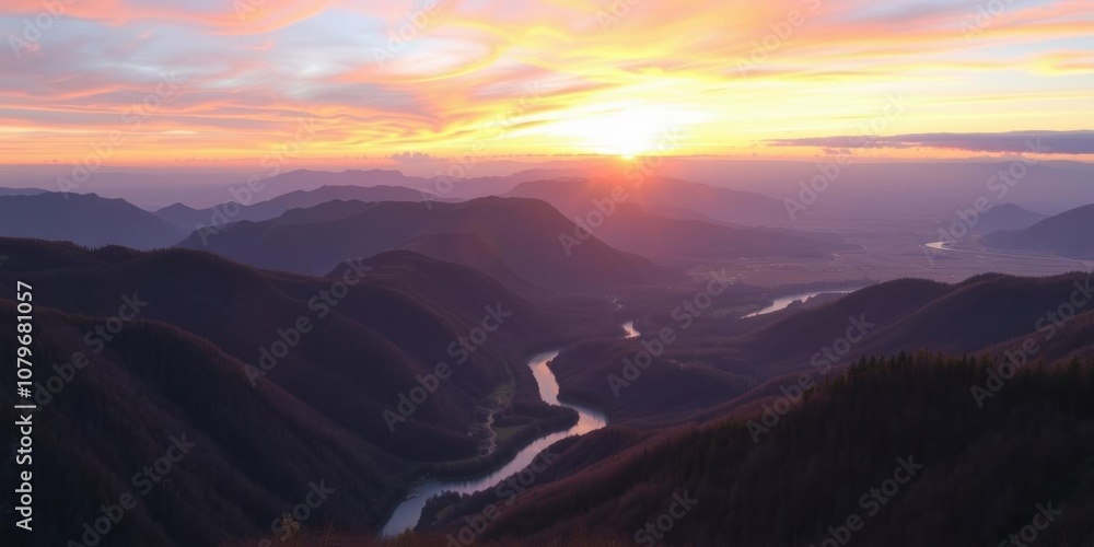 Fototapeta premium A breathtaking panoramic view of a colorful sunrise over a tranquil mountain landscape with a winding river flowing through the valley, sunrise, travel