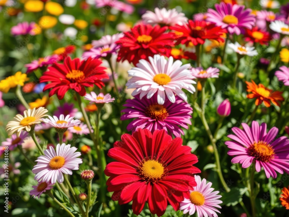 A close-up of colorful flowers blooming in a sunny spring garden, background, bloom A close-up of colorful flowers blooming in a sunny spring garden, background, bloom