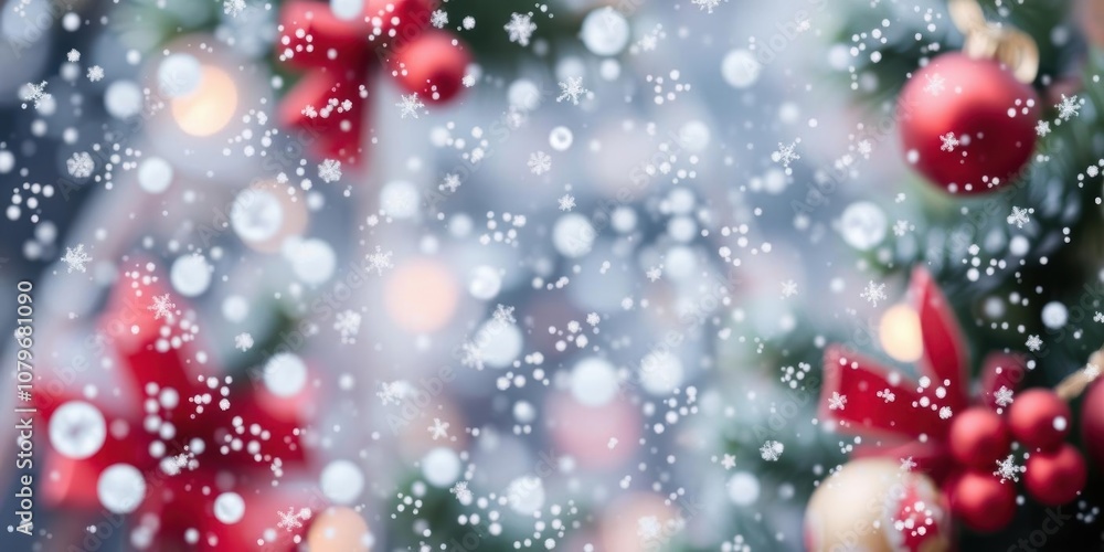 Close-up of delicate snowflakes falling against a festive Christmas background, snowflakes, Christmas Close-up of delicate snowflakes falling against a festive Christmas background, snowflakes, Christmas