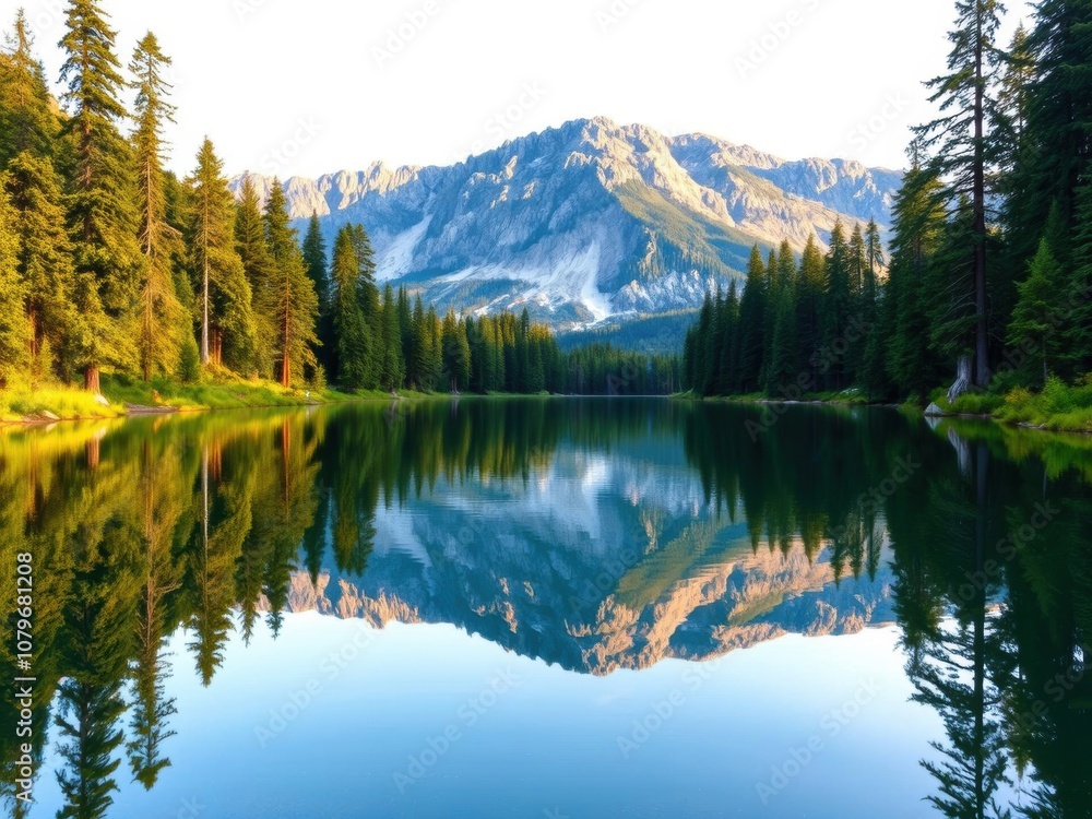 A serene lake surrounded by tall pine trees and reflections of the mountains in the calm water, reflection, idyllic A serene lake surrounded by tall pine trees and reflections of the mountains in the calm water, reflection, idyllic