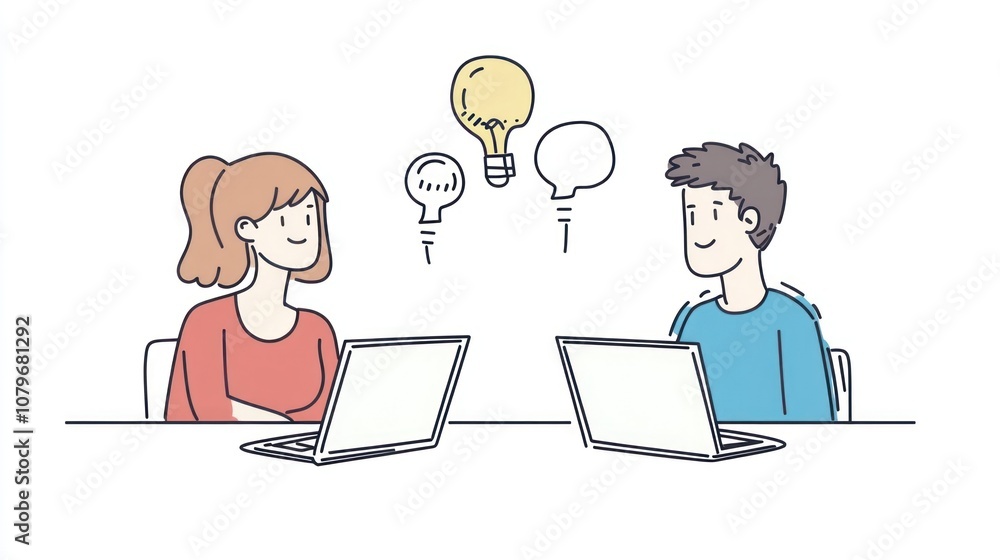 Two people discussing ideas over laptops, with lightbulbs symbolizing creativity and communication. Two people discussing ideas over laptops, with lightbulbs symbolizing creativity and communication.