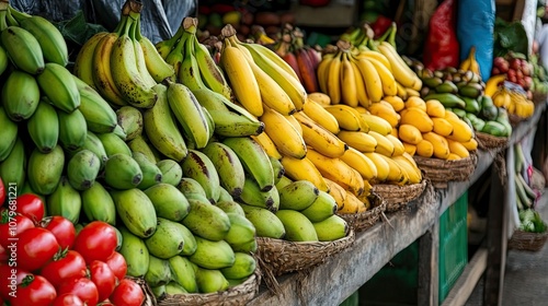 Vibrant Display of Fresh Bananas and Produce at a Local Market Stall Showcasing Tropical Abundance and Colorful Variety